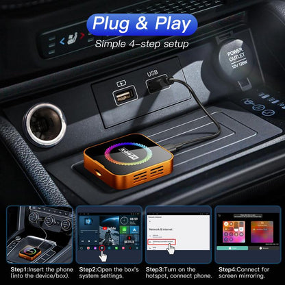 【Newyear2026】Picks with Carplay Aimoon Orange Ai Cube Pro Max Wireless Carplay Adapter for Iphone & Android Auto Ai Box with Netflix Youtube Supports TF Card Dongle Plug and Play Easy Setup Carplay Video Entertainment for Ios 10+ and Cars after 2015 Car
